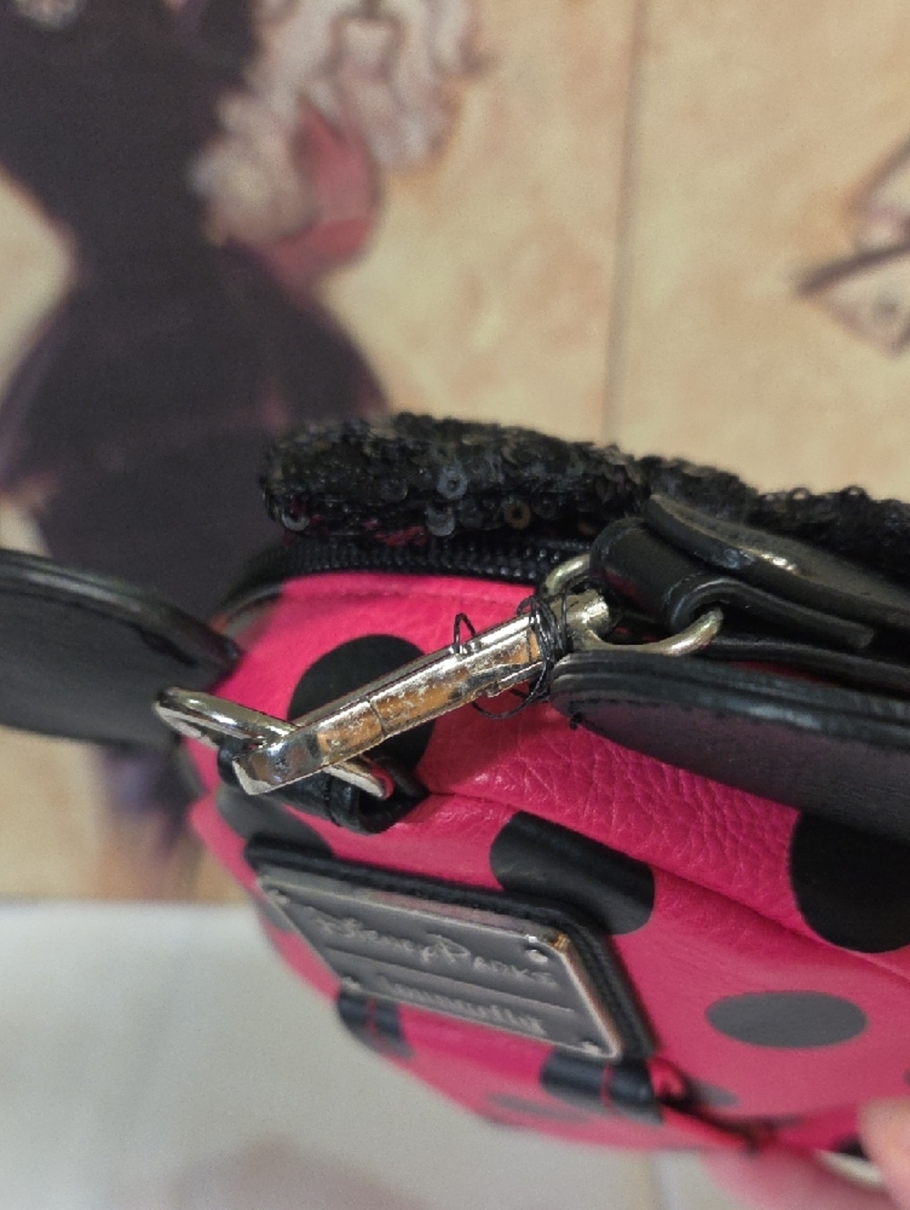 Loungefly Pink and Black Polka Dot Micro  Backpack with Sequin Bow Ears - Picture 5 of 8